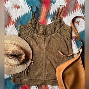 Roots 100% Linen Olive Green/Brown Embroidered Camisole